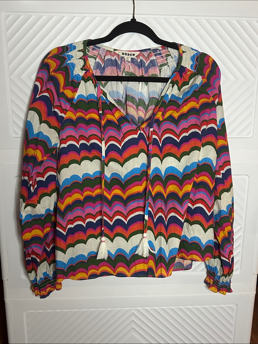 Boden Multicolor Scallop-Print Peasant Blouse with Tassels